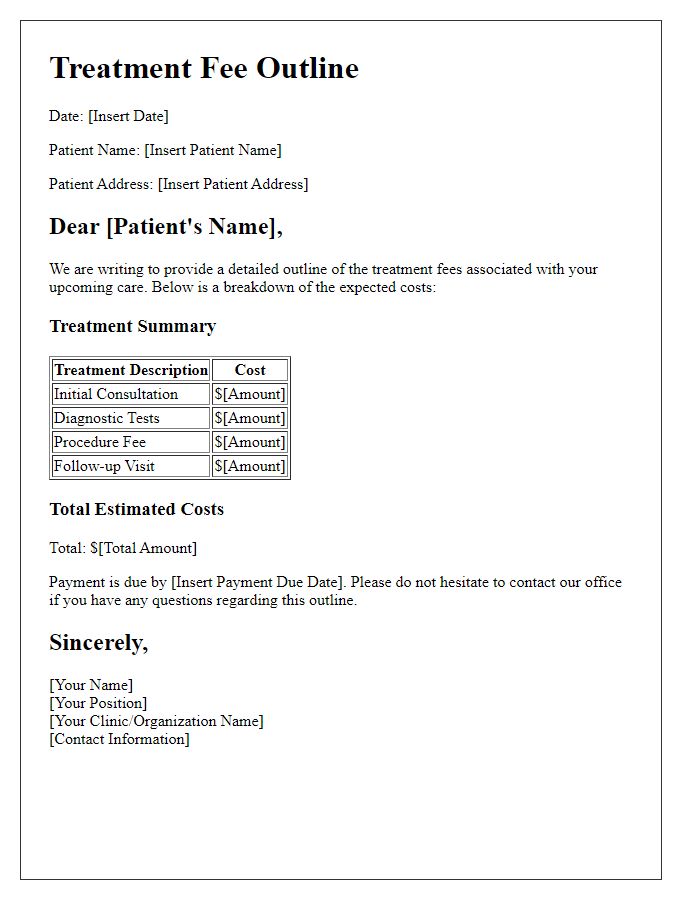 Letter template of treatment fee outline