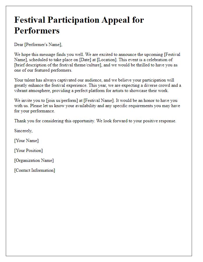 Letter template of festival participation appeal for performers.