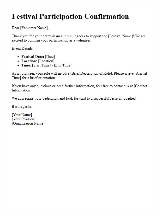 Letter template of festival participation confirmation for volunteers.