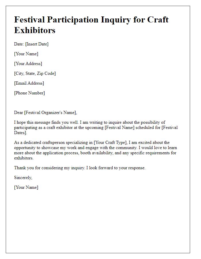 Letter template of festival participation inquiry for craft exhibitors.