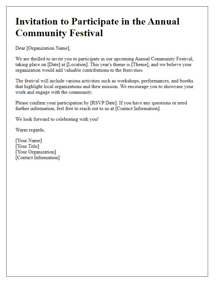 Letter template of festival participation invitation for community organizations.