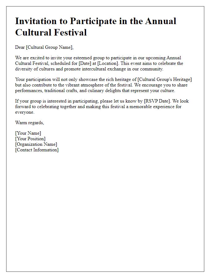 Letter template of festival participation invitation for cultural groups.