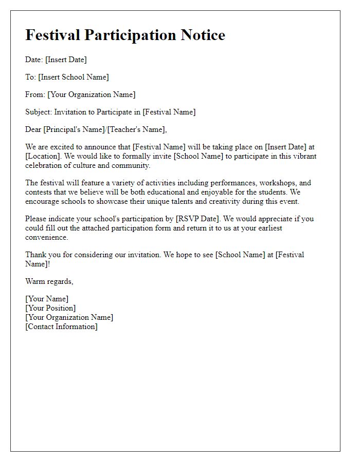 Letter template of festival participation notice for schools.