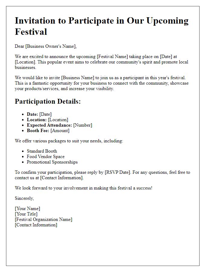 Letter template of festival participation outreach for businesses.