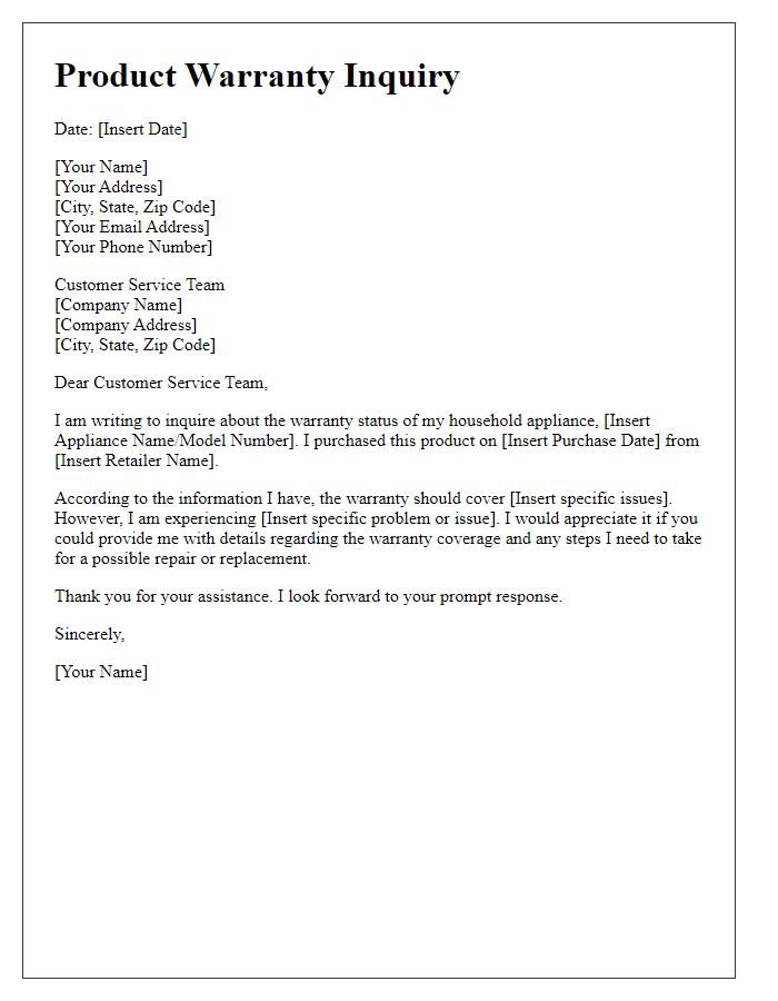 Letter template of product warranty inquiry for household appliance.