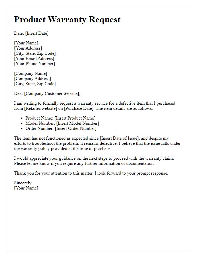 Letter template of product warranty request for defective item.