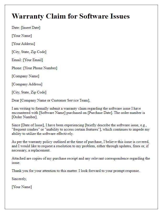 Letter template of warranty claim for software issues.