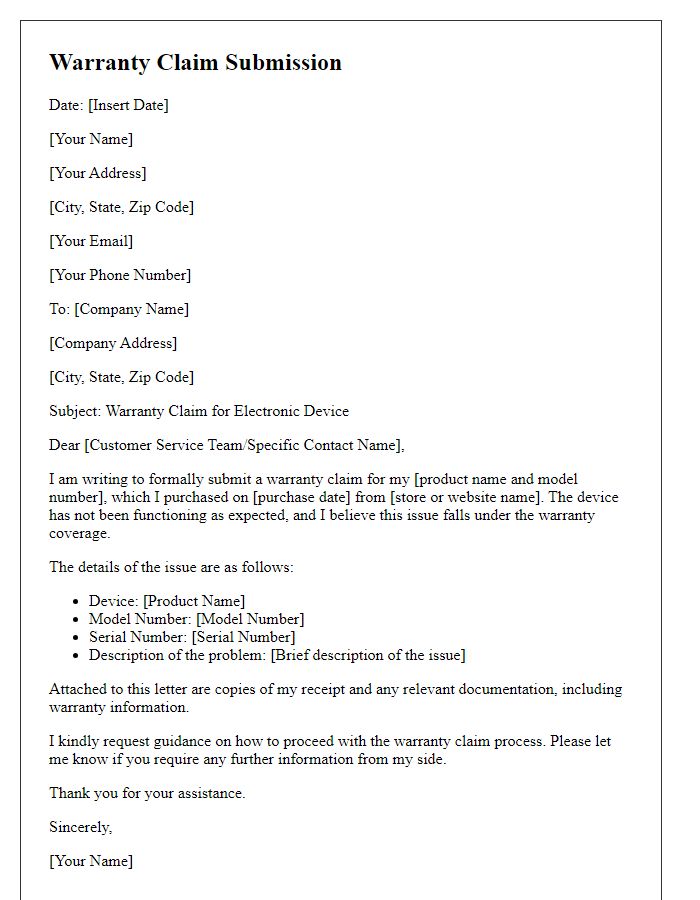 Letter template of warranty claim submission for electronic device.