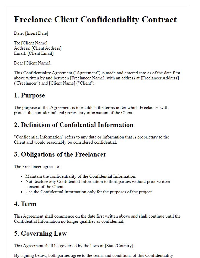 Letter template of Freelance Client Confidentiality Contract