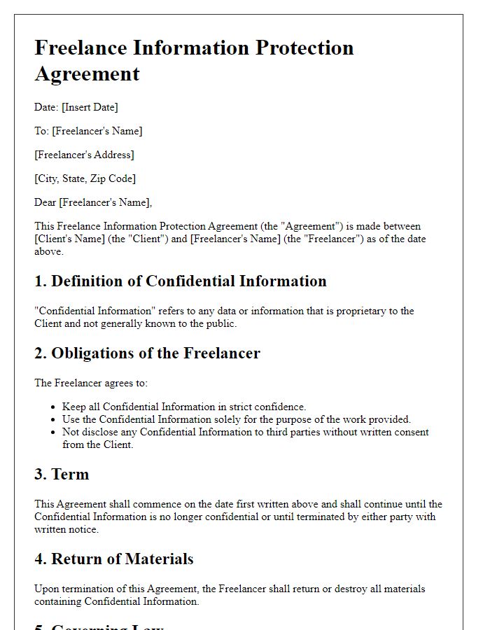 Letter template of Freelance Information Protection Agreement