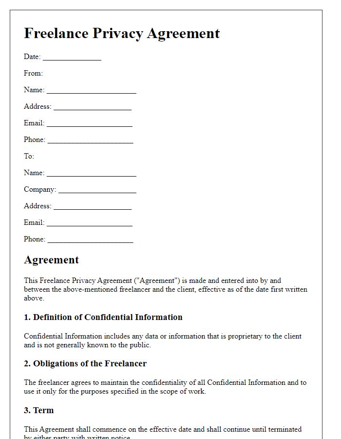 Letter template of Freelance Privacy Agreement