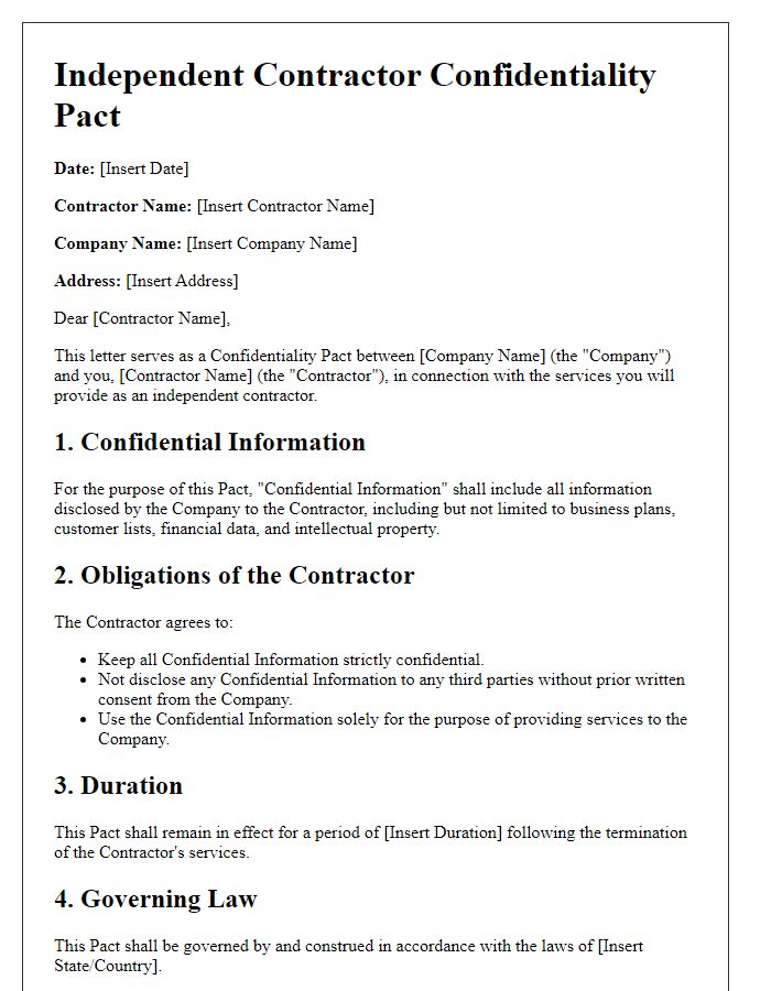 Letter template of Independent Contractor Confidentiality Pact