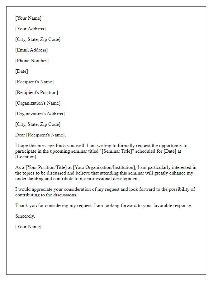 Letter template of formal request to join a seminar