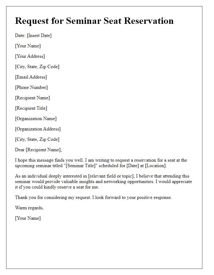 Letter template of request for seminar seat reservation