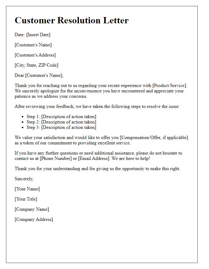 Letter template of resolution for unsatisfied customer experience