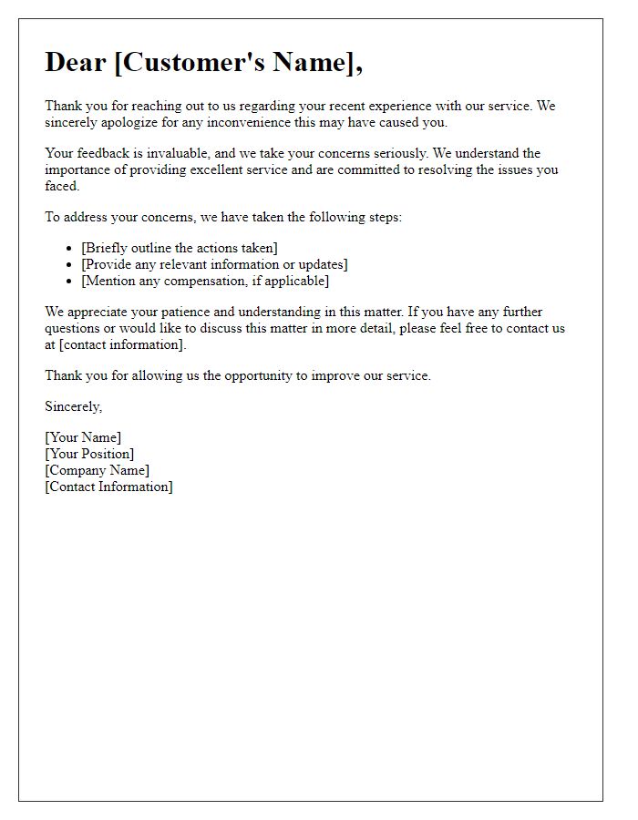 Letter template of response to a customer complaint regarding service issues