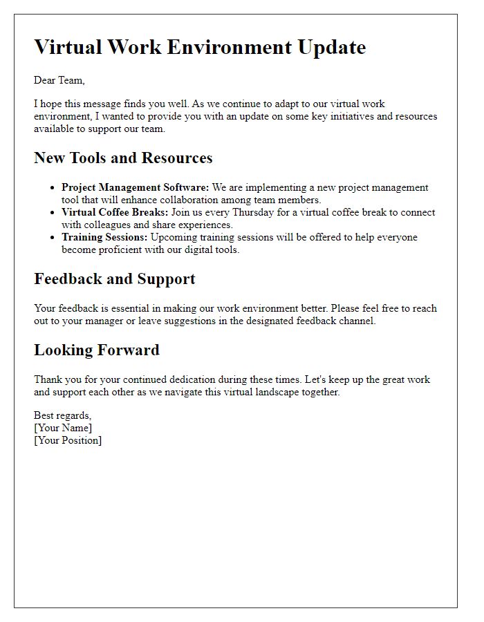 Letter template of virtual work environment update