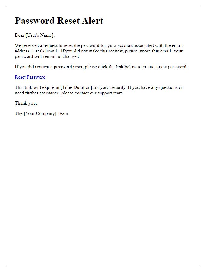 Letter template of password reset alert for security purposes