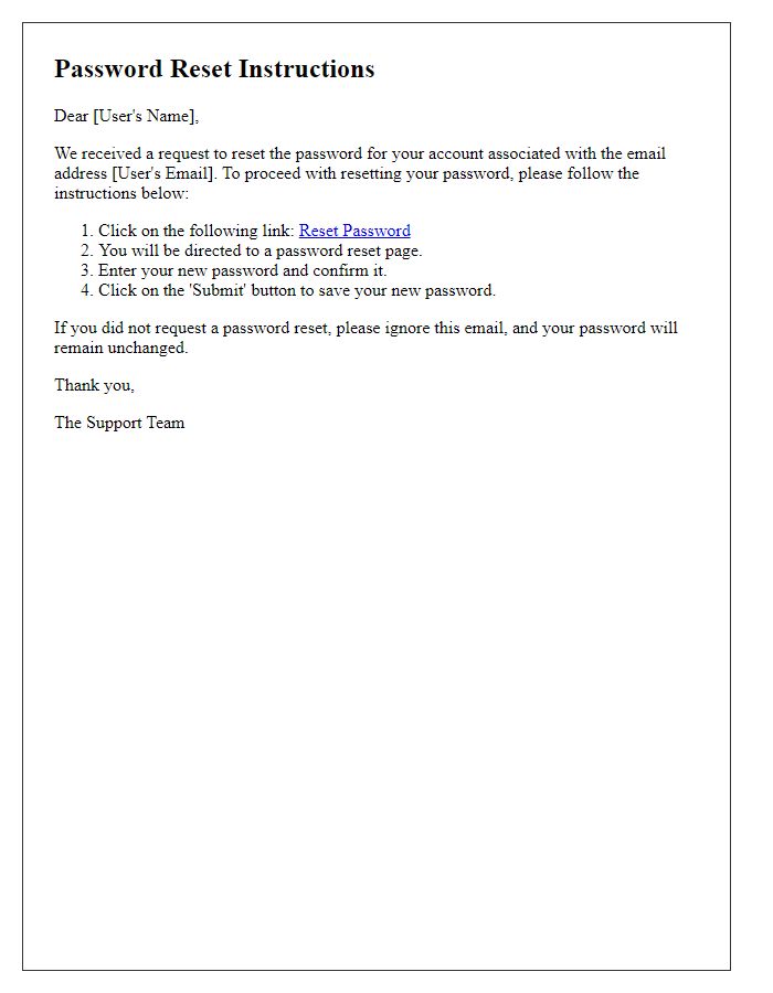 Letter template of password reset instructions for user account recovery