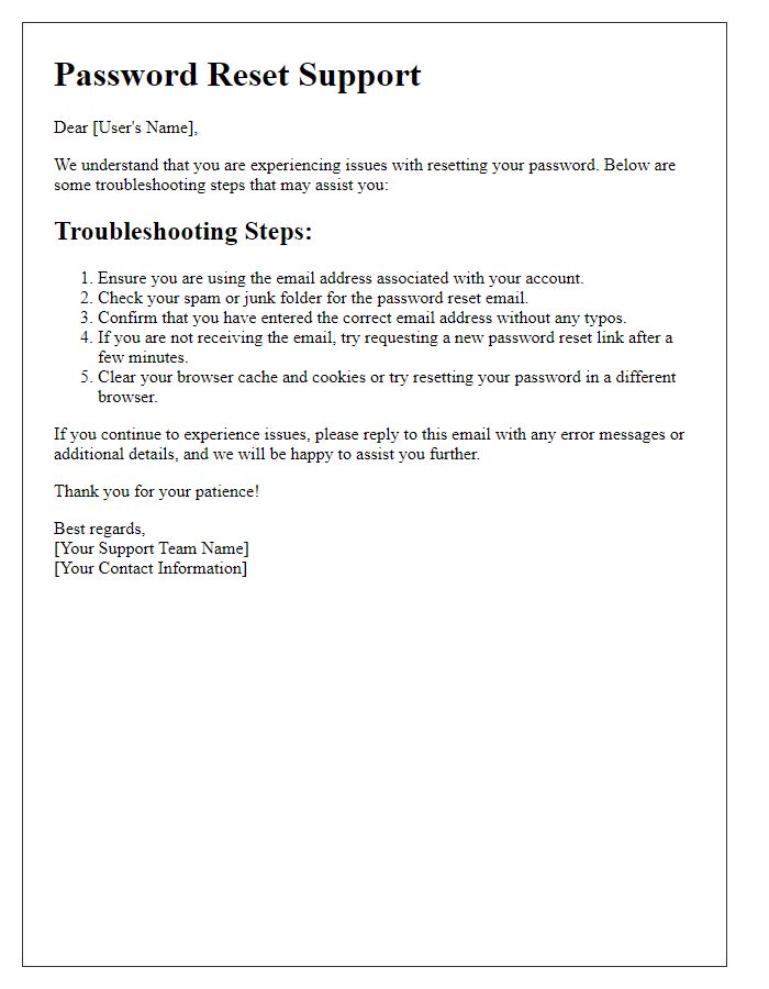 Letter template of password reset support information for troubleshooting issues