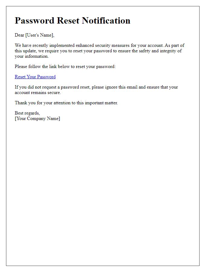 Letter template of password reset update for enhanced security measures