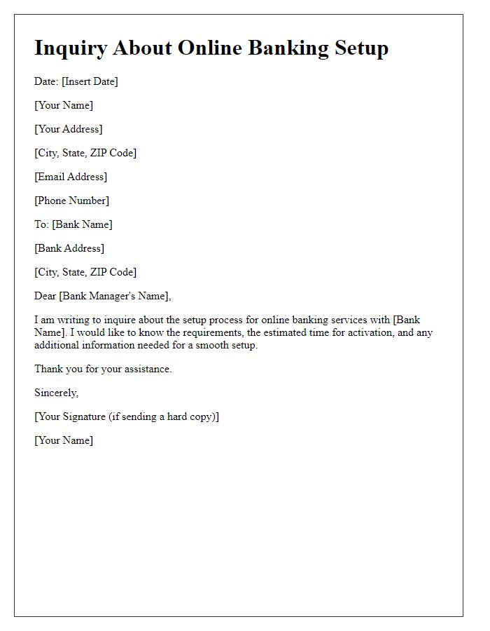 Letter template of banking service inquiry about online banking setup.