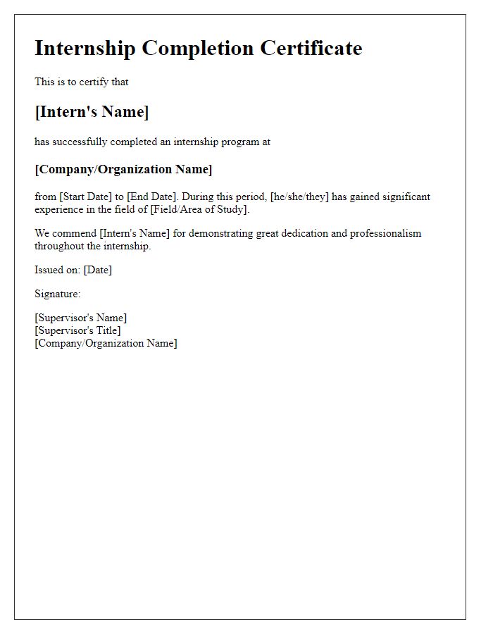 Letter template of Internship Completion Certificate for Professional Development