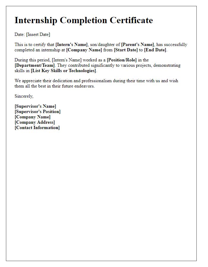 Letter template of Internship Completion Certificate for Technical Internships