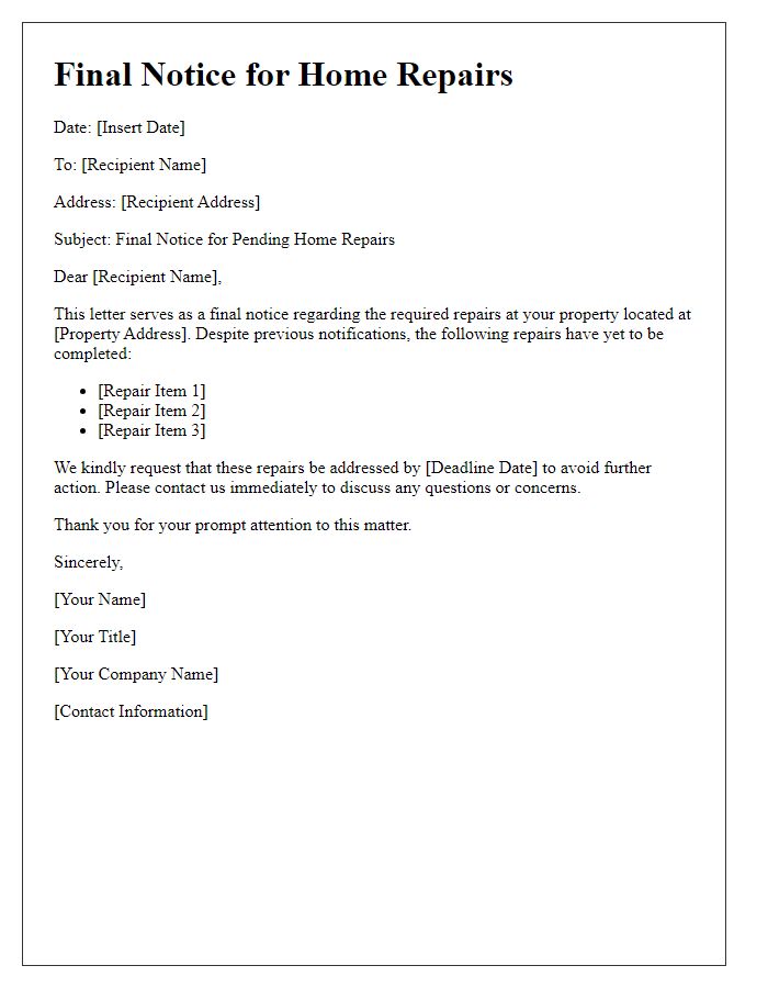 Letter template of final notice for home repairs