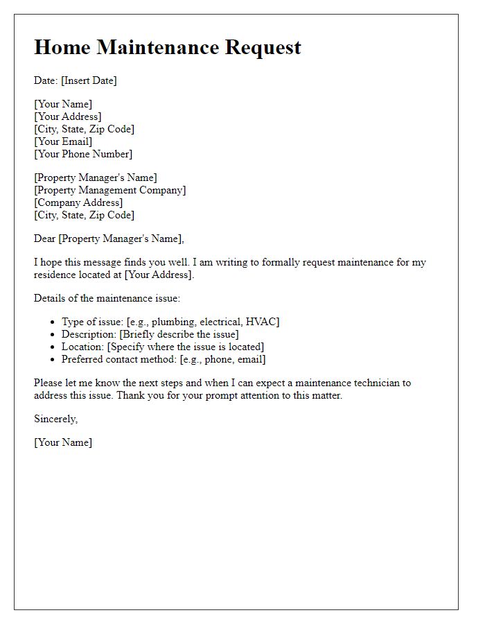 Letter template of formal home maintenance request