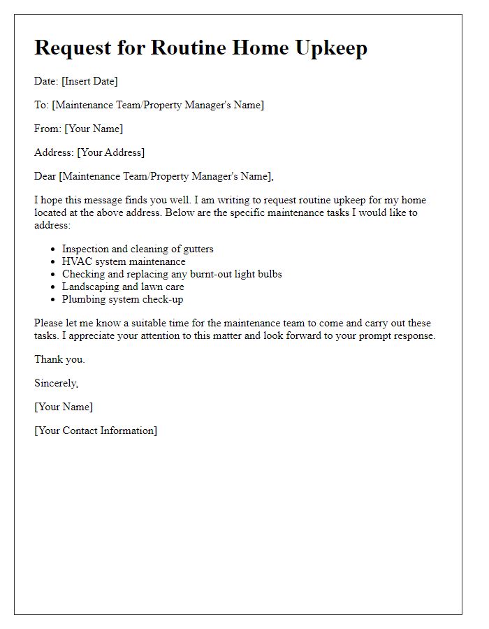 Letter template of routine home upkeep request