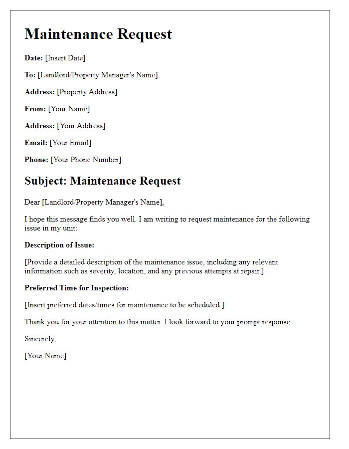 Letter template of tenant maintenance request