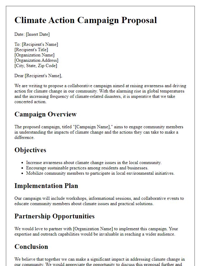 Letter template of a climate action campaign proposal