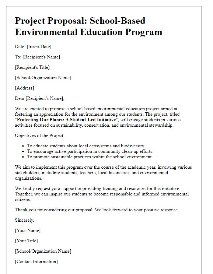 Letter template of a school-based environmental education project proposal