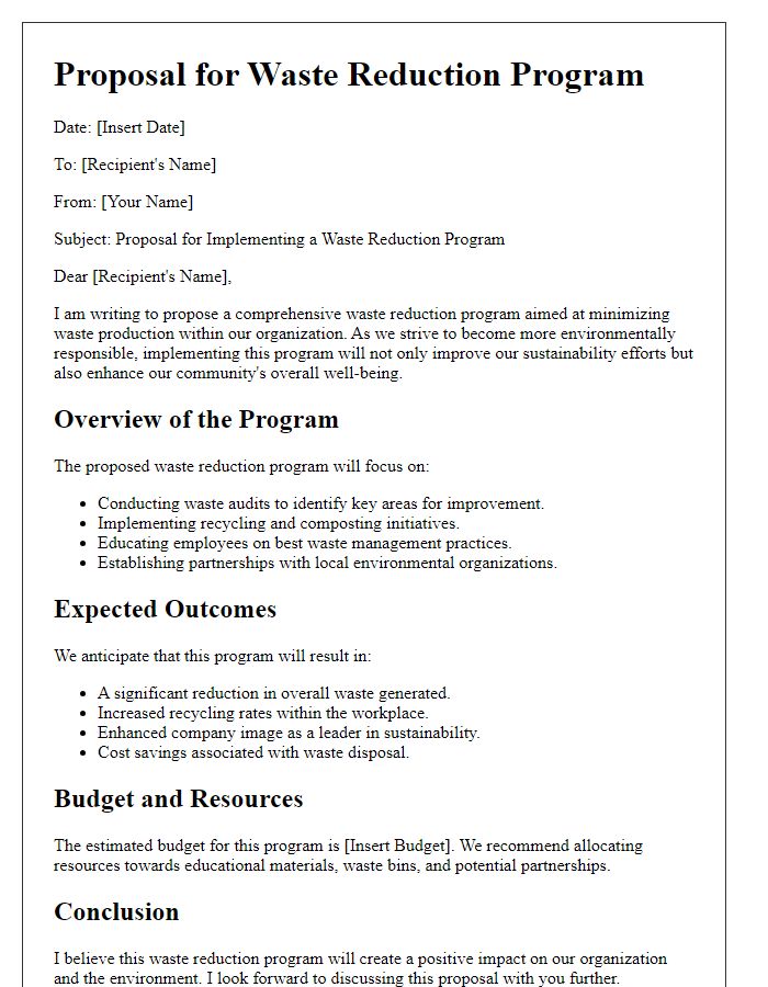 Letter template of a waste reduction program proposal