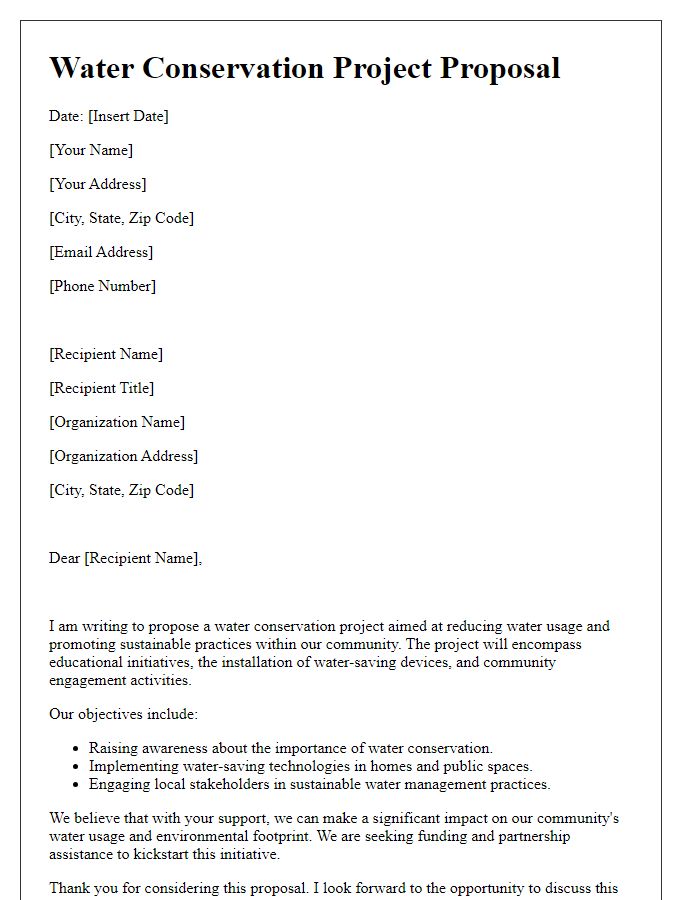 Letter template of a water conservation project proposal