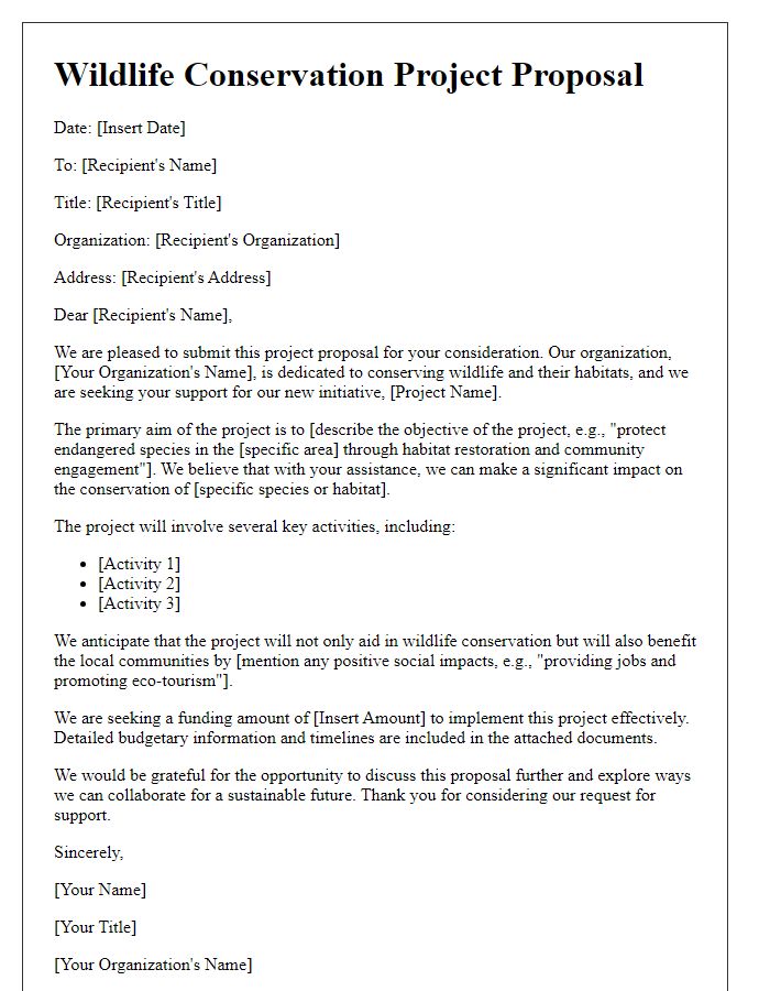 Letter template of a wildlife conservation project proposal