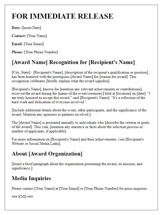 Letter template of a freelance press release for award recognition.