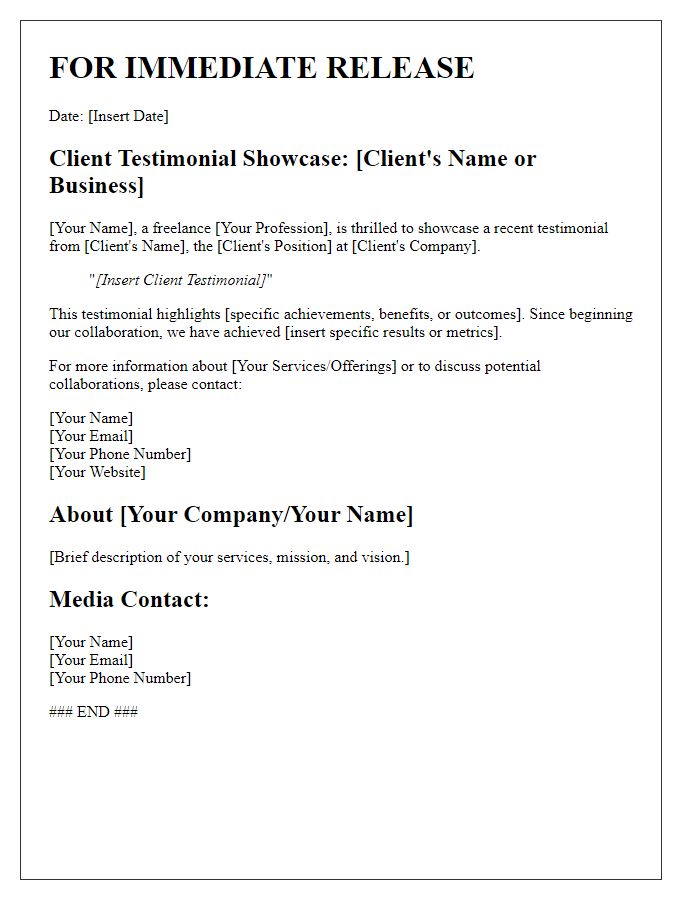 Letter template of a freelance press release for client testimonial showcase.