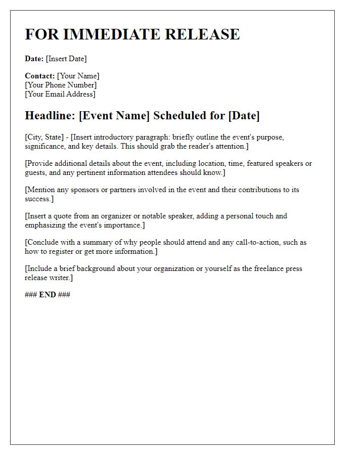 Letter template of a freelance press release for event announcement.