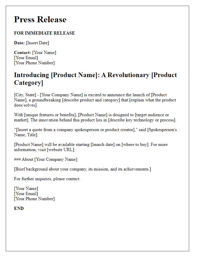 Letter template of a freelance press release for product launch.