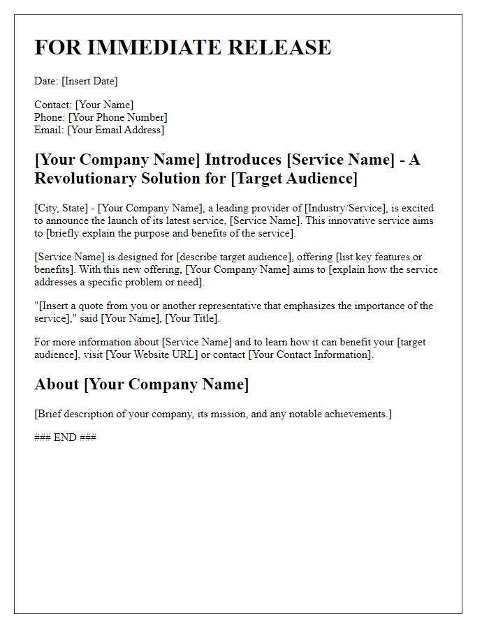 Letter template of a freelance press release for service introduction.