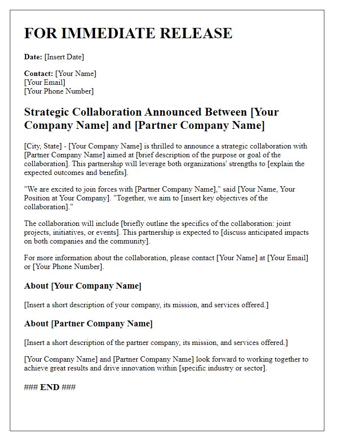 Letter template of a freelance press release for strategic collaboration.