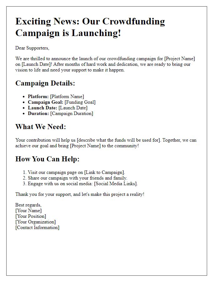 Letter template of crowdfunding campaign launch details