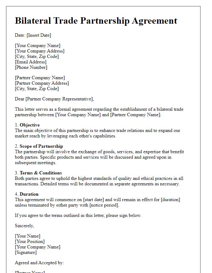 Letter template of a bilateral trade partnership agreement