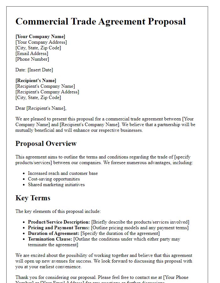 Letter template of a commercial trade agreement proposal