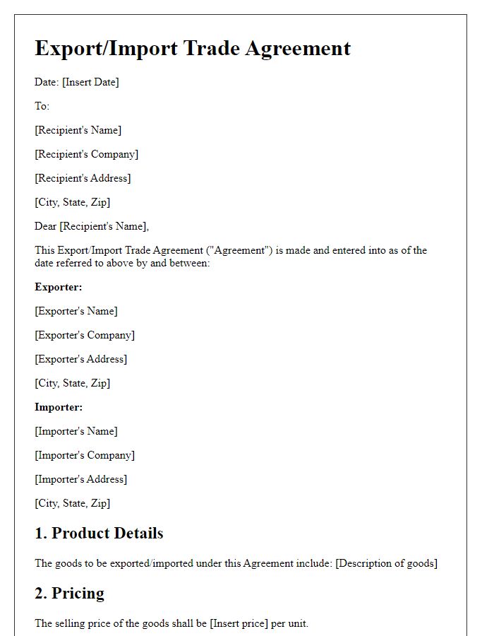 Letter template of an export/import trade agreement