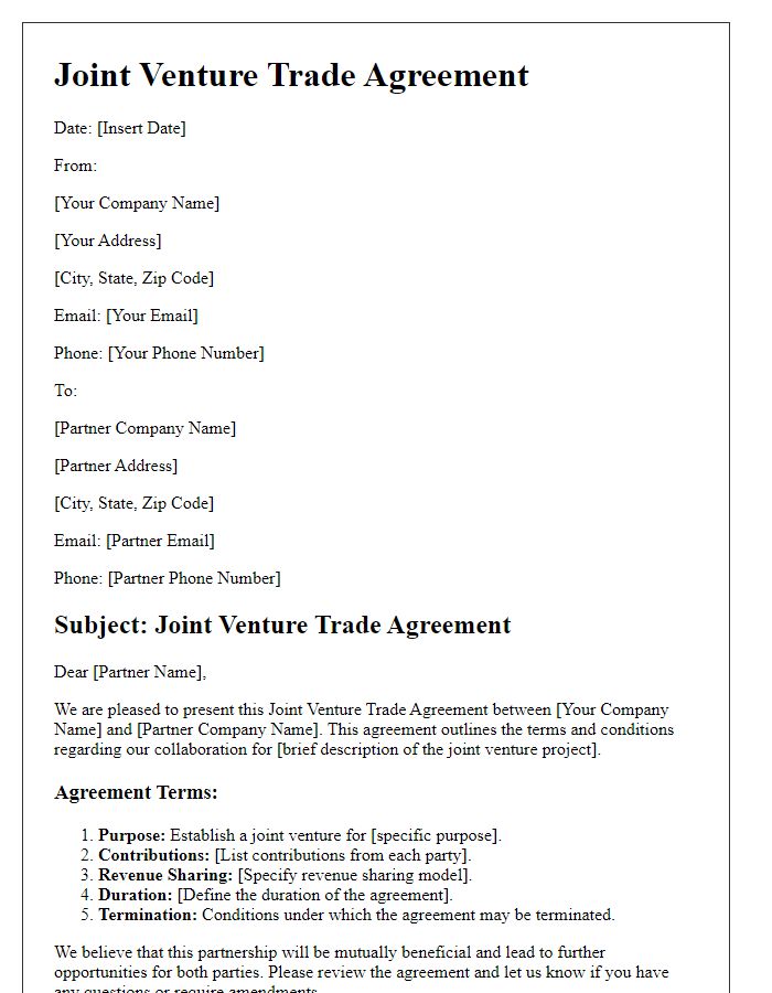 Letter template of a joint venture trade agreement