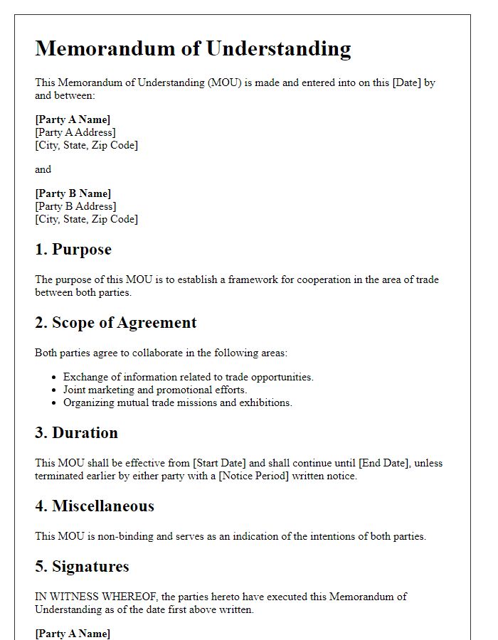 Letter template of a memorandum of understanding for trade