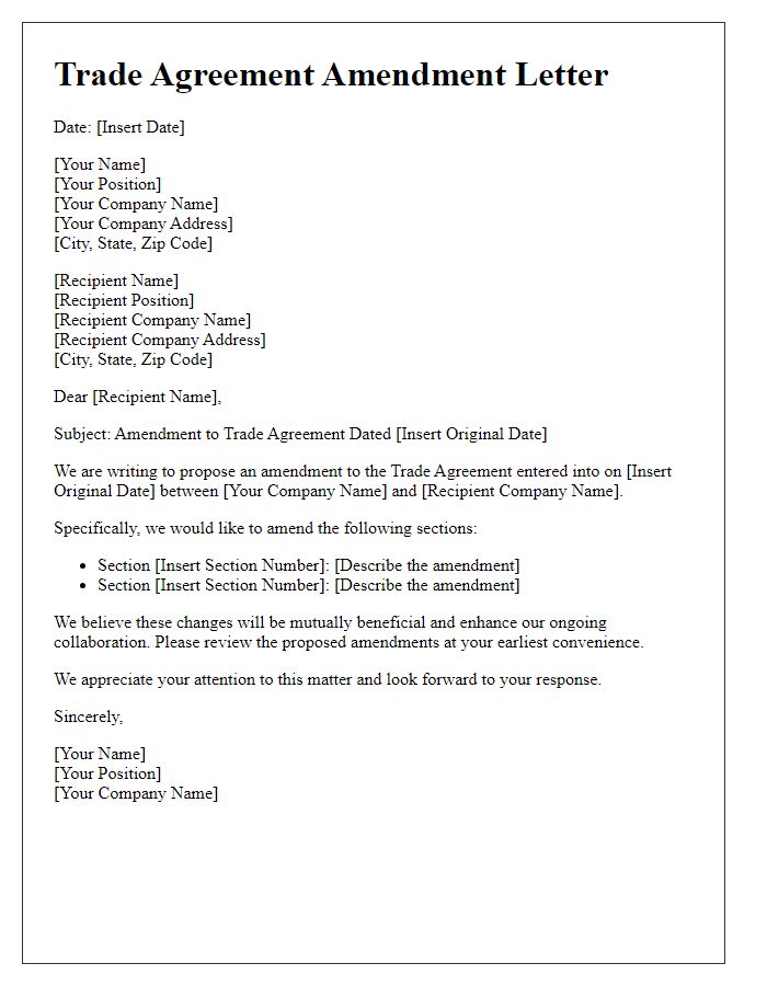 Letter template of a trade agreement amendment